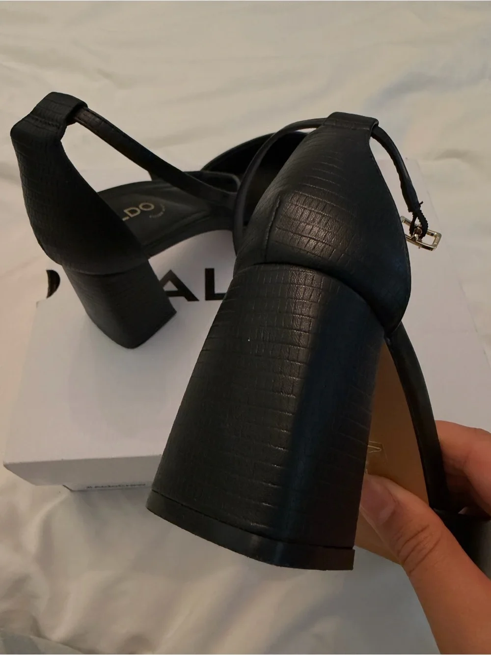 Aldo ‘Jan’ Black Pointed Toe Ankle-Strap Block Heels - Picture 2 of 5